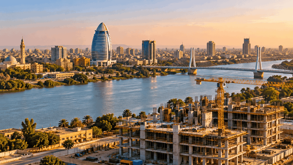 Khartoum cityscape with construction site and Nile River