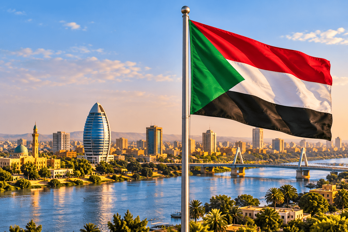 Sudan flag and Khartoum cityscape with Nile River
