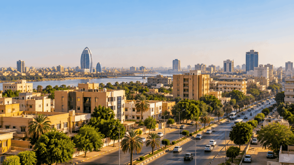 منظر لمدينة الخرطوم في السودان مع نهر النيل والشوارع وأشجار النخيل.
