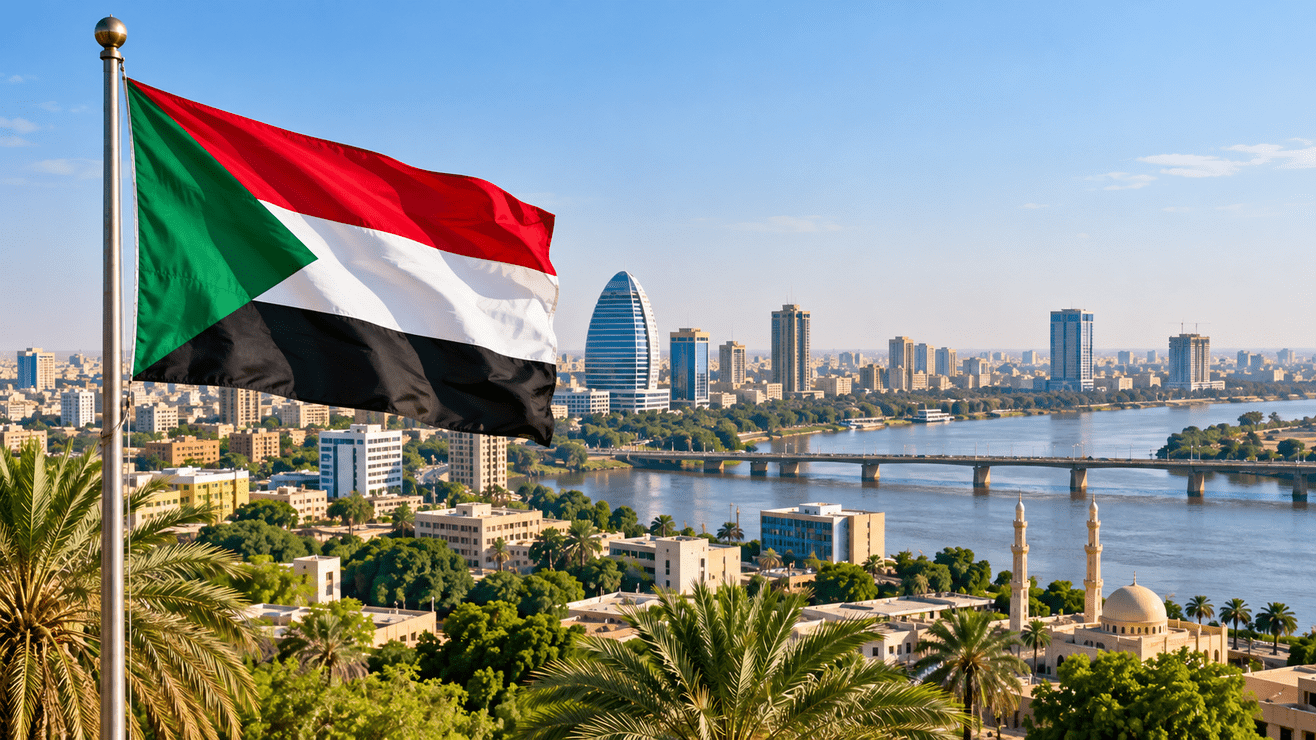 علم السودان مع منظر لمدينة الخرطوم ونهر النيل.